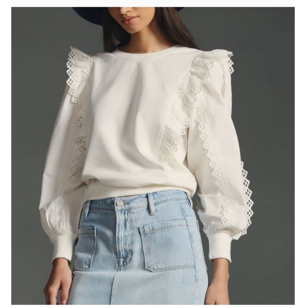 By‎ Anthropologie Ruffle-Sleeve Lace Sweatshirt Eyelet Cotton XS Fairy Cottage